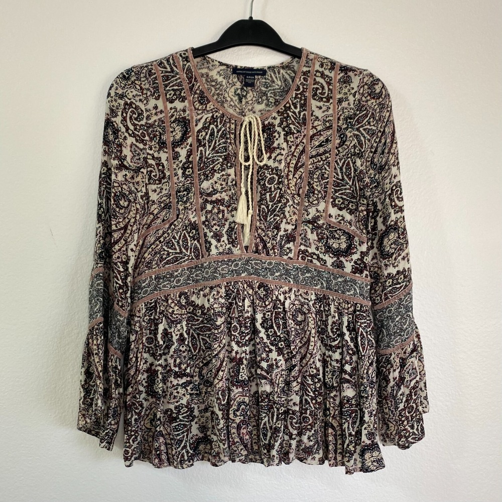 American Eagle Paisley Blouse Women S/P Multi Great Velvet Trim Tassel Boho Top